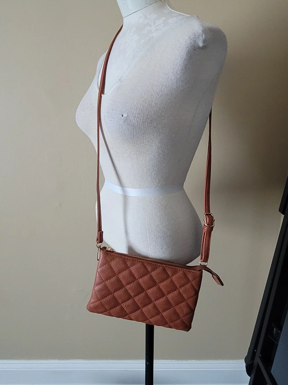 Isabelle Vegan Caramel Brown Quilted Wristlet Clutch W Removable Crossbody Strap